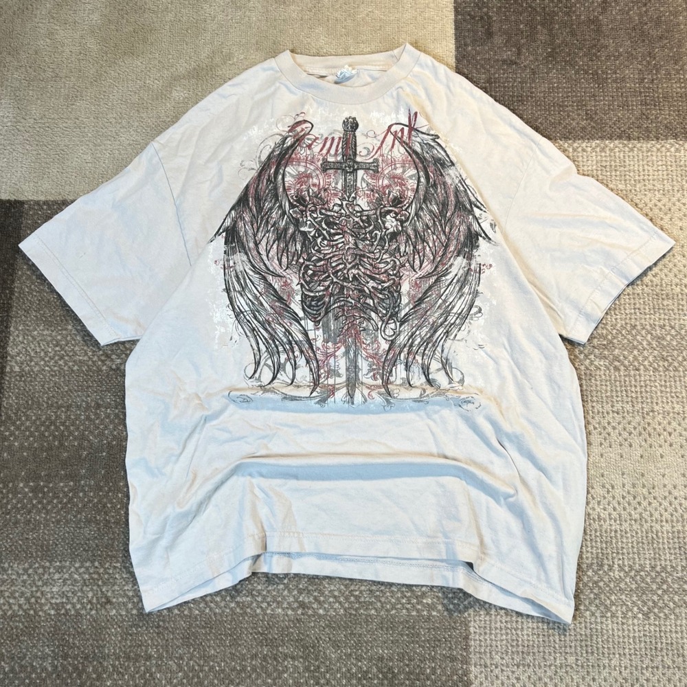 Alstyle Mens XL Graphic Tee Gray Skeleton Angel Wings Sword Y2K Grunge Shirt